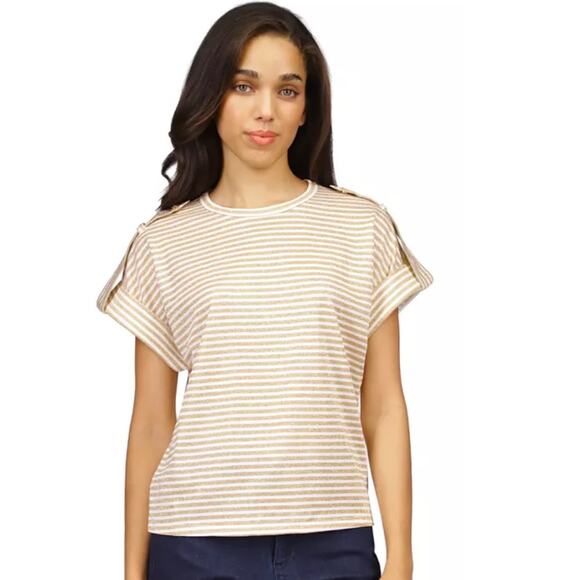 Women's Metallic-Stripe Epaulette Short-Sleeve Top NWT Size Medium - Picture 1 of 3